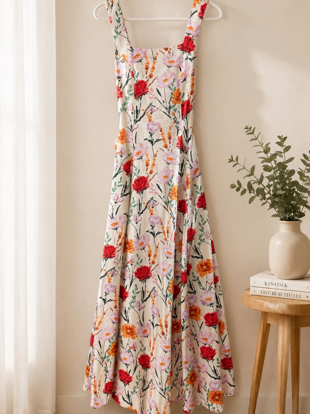 Floral Square-Neck Maxi Dress - Cream with Red & Orange Blooms